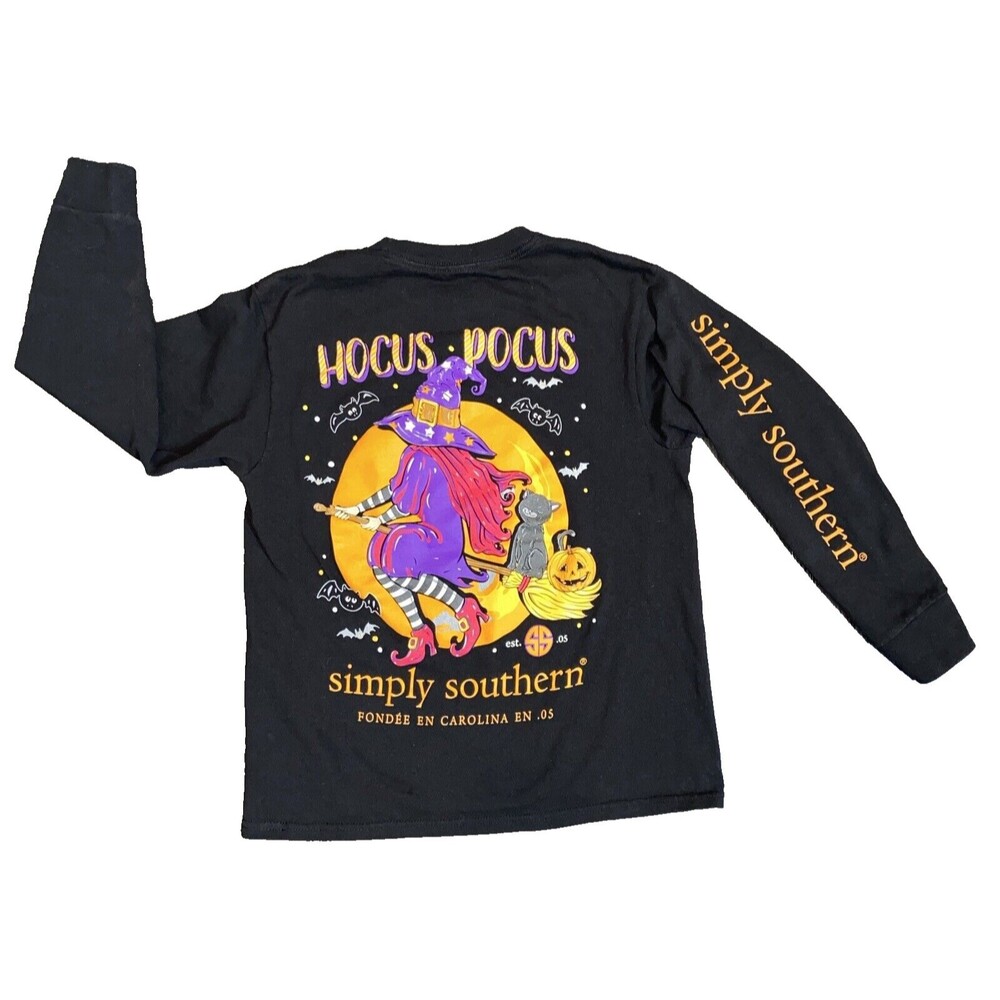 Simply Southern Hocus Pocus Halloween T-Shirt Youth, YS Black Witch Long Sleeve